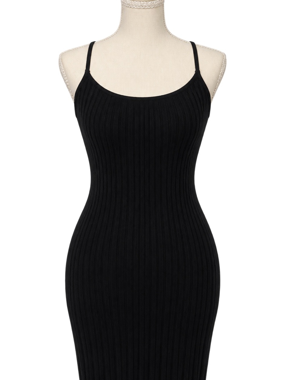 Abercrombie & Fitch Black Ribbed Spaghetti-Strap Midi Dress